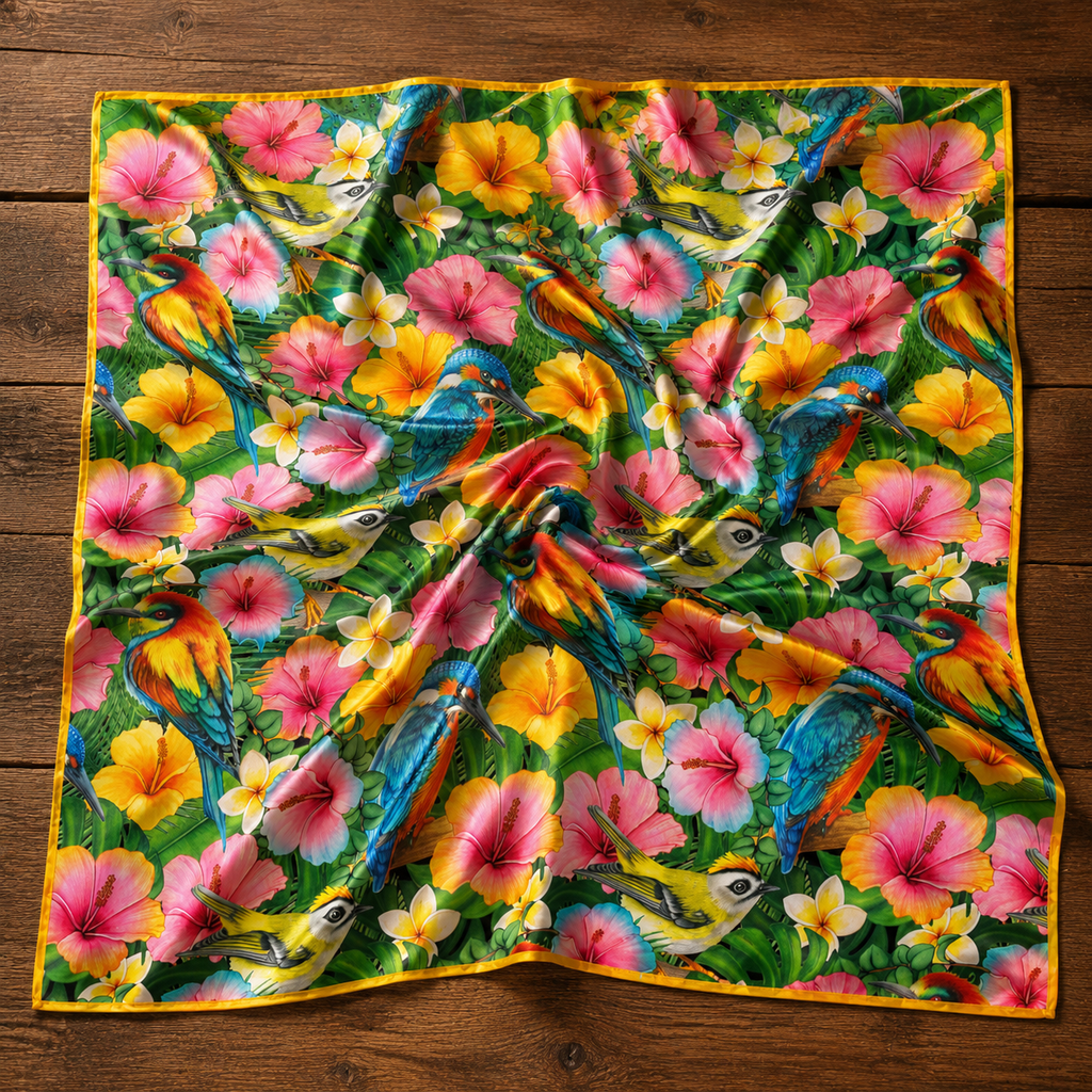 Tropical Birds & Hibiscus Luxury Satin Scarf