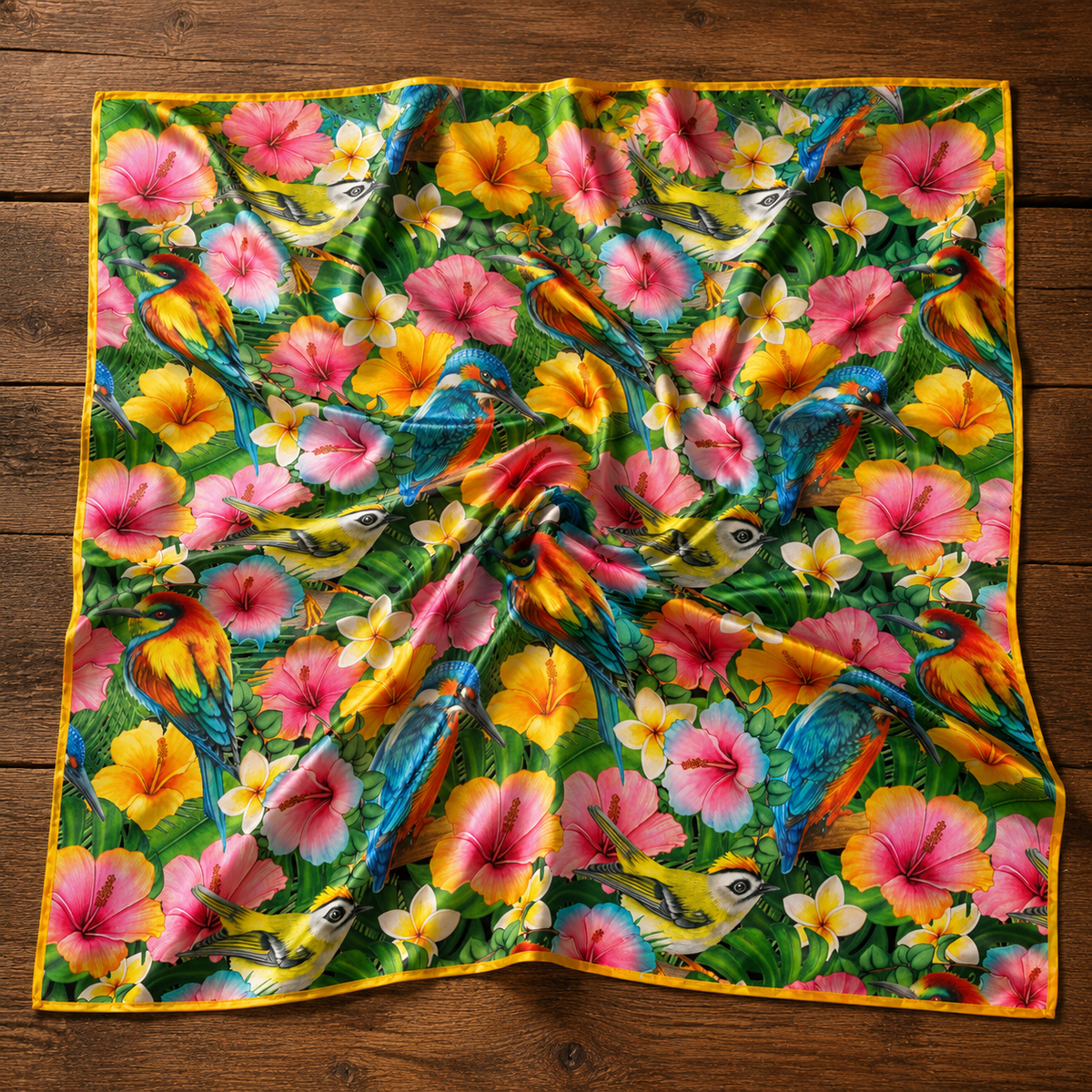 Tropical Birds & Hibiscus Luxury Satin Scarf