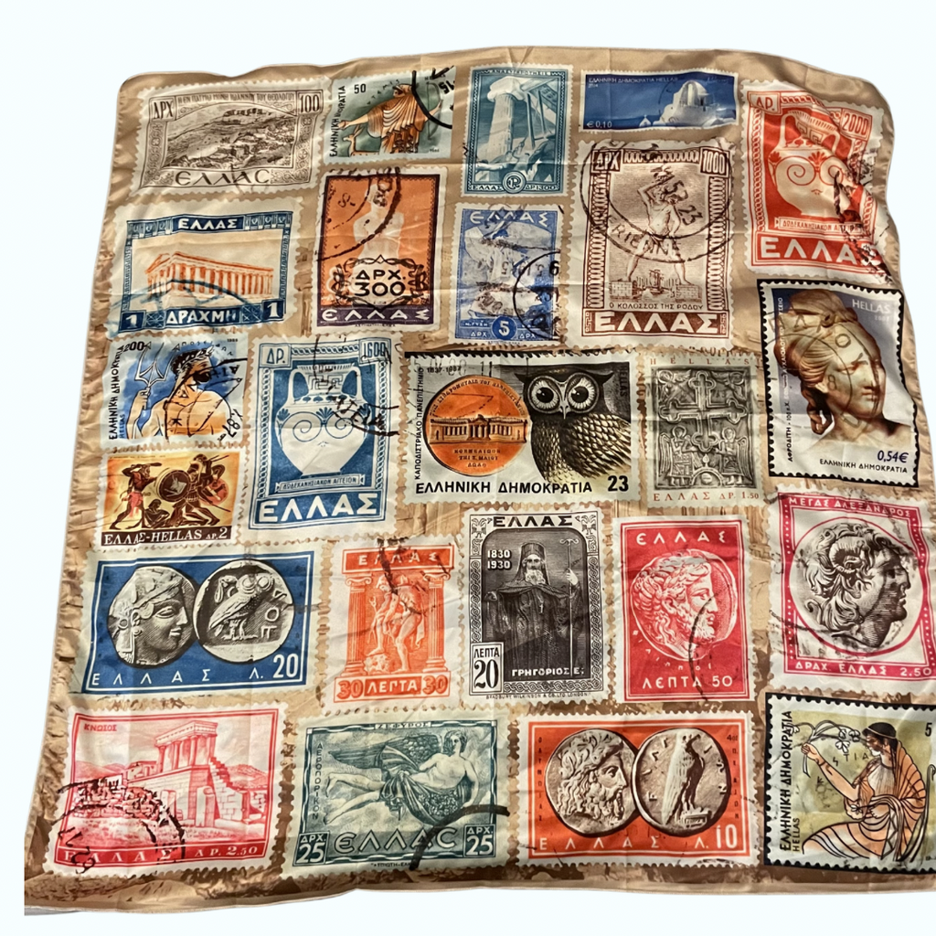 Greek Heritage Greece Vintage Stamp Satin Scarf