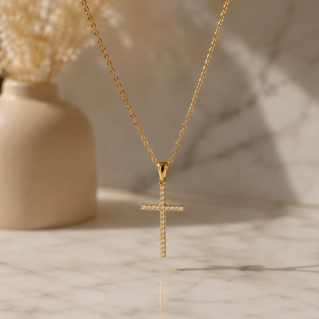 18KT Gold Plated Stainless Steel Pavé Cross Necklace