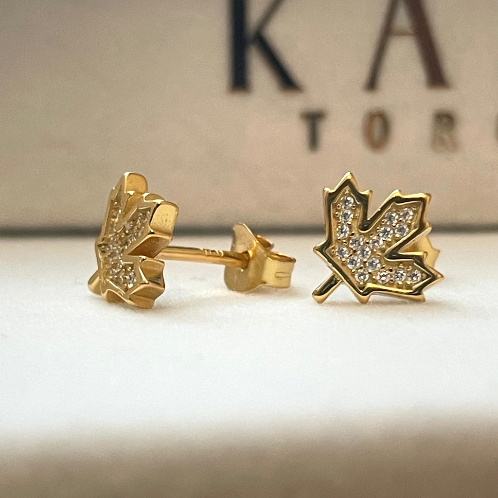Maple Leaf 925 Sterling Silver CZ Stud Earrings