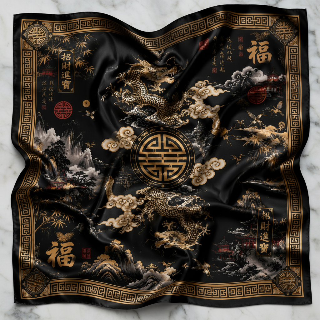 Chinese Prosperity Dragon Satin Scarf