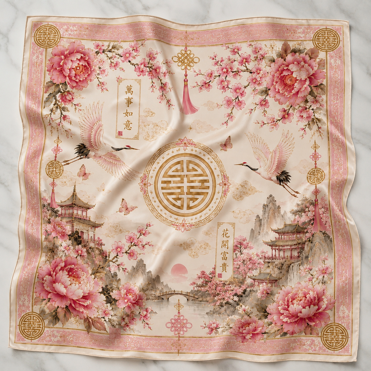 Chinese Blossom & Crane Luxury Satin Scarf