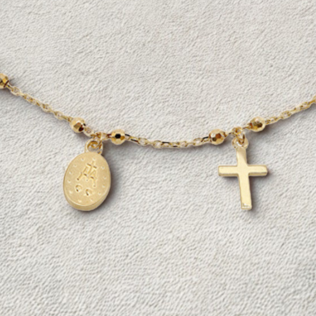 10KT Miraculous Medal & Cross Charm Bracelet