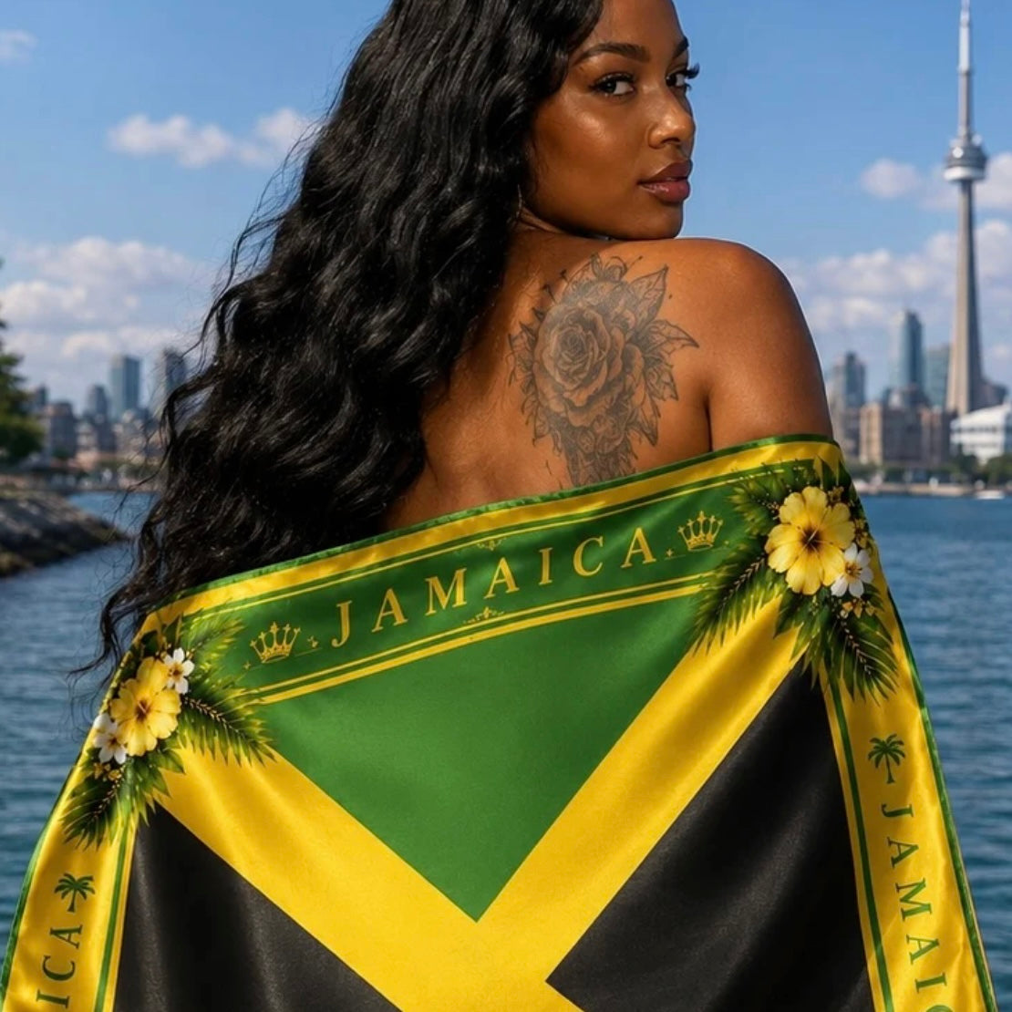 Jamaican Flag & Flower Luxury Satin Scarf
