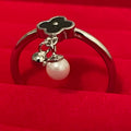 Black Agate Flower & Freshwater Pearl Dangling 925 Sterling Silver Ring