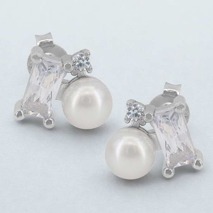 925 Sterling Silver Freshwater Pearl & Cubic Zirconia Stud Earrings