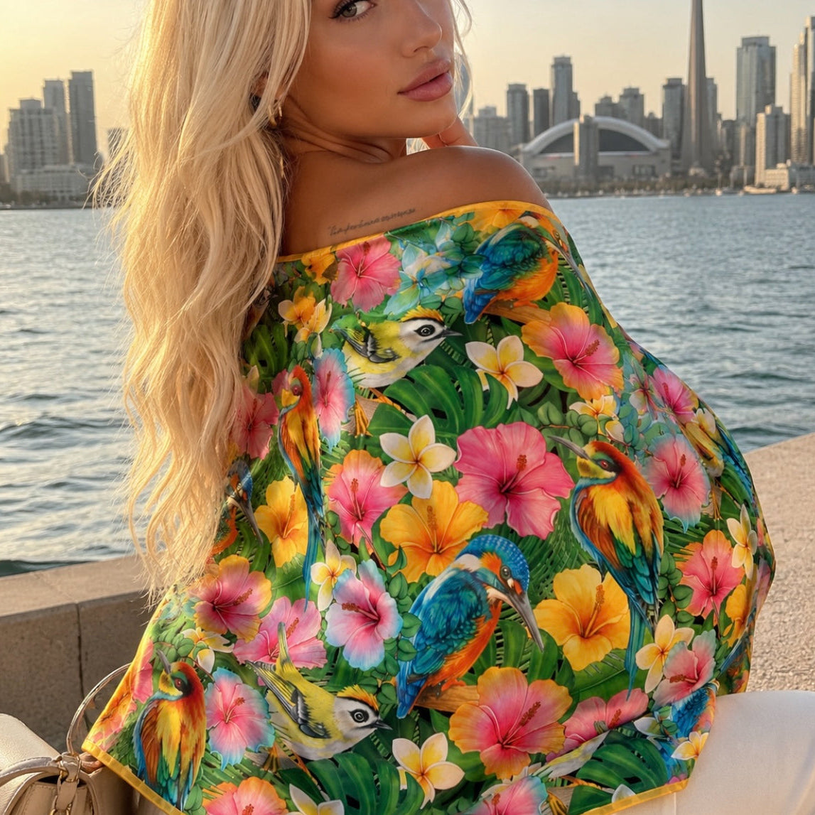 Tropical Birds & Hibiscus Luxury Satin Scarf