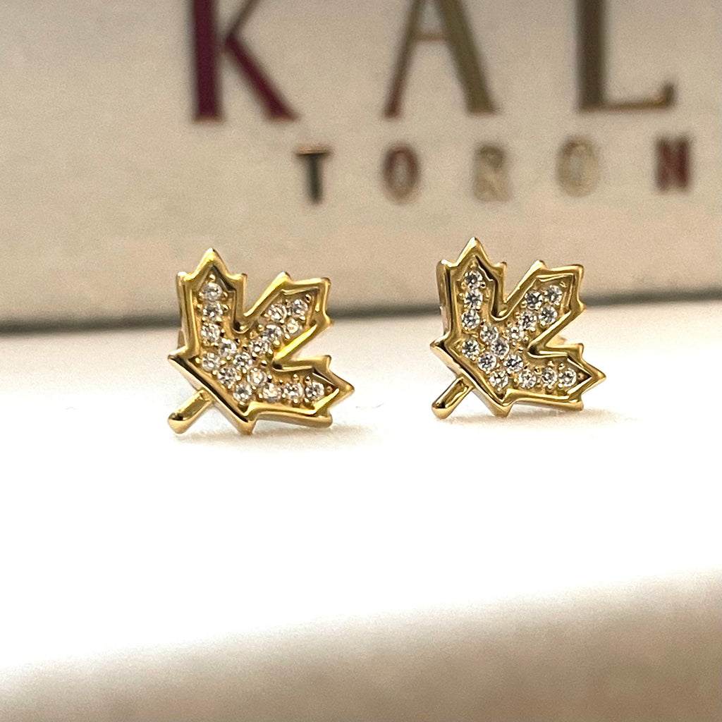 Maple Leaf 925 Sterling Silver CZ Stud Earrings