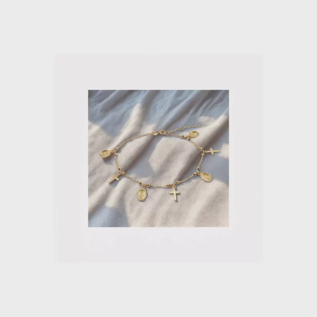 10KT Miraculous Medal & Cross Charm Bracelet