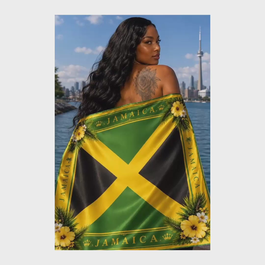Jamaican Flag & Flower Luxury Satin Scarf